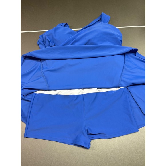 Royal Blue Surplice Swim Dress One Piece Swimsuit Flared Skirt Crisscross Back - Picture 10 of 10